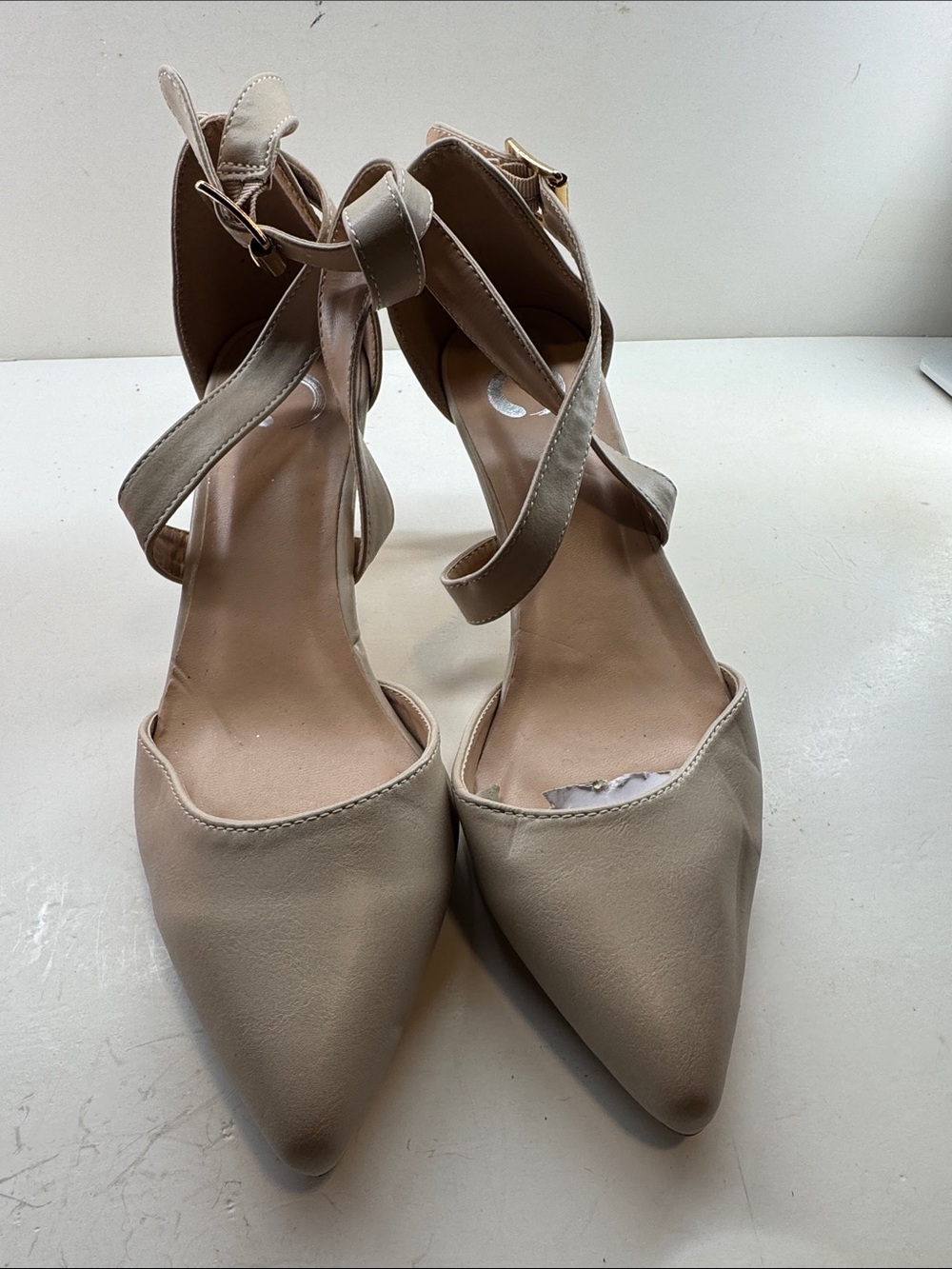 Ankle-Strap Pointed Toe Heels in Light Beige